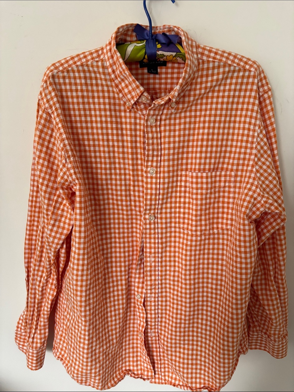 Land’s End cotton/linen oxford shirt, orange/white check, size L 16-16.5” neck